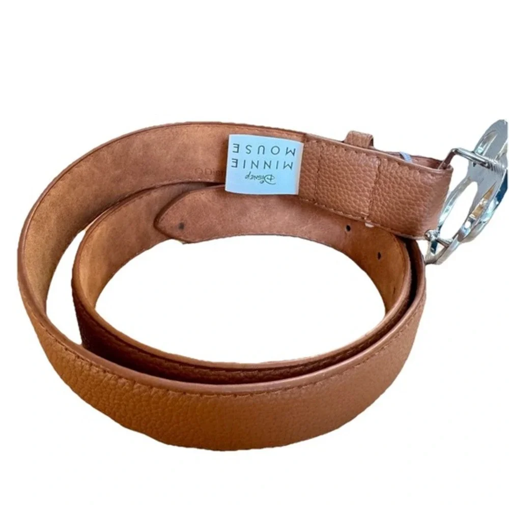 Disney Minnie Mouse Ears Gold & Silver Buckle Camel Brown Leather‎ Belt SMALL